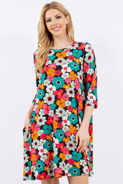 Floral Three-Quarter Sleeve Dress with Pockets Southern Soul Collectives