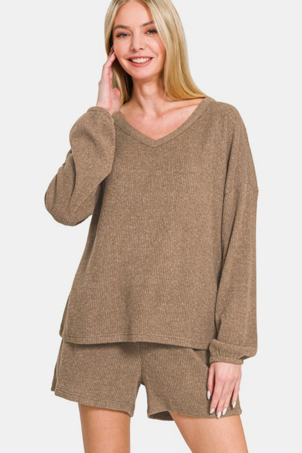 Zenana V-Neck Long Sleeve Ribbed Top and Shorts Set in Camel Taupe Southern Soul Collectives