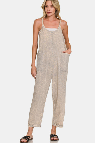 Zenana Mineral Washed Spaghetti Straps Overalls with Pockets in Sleet Southern Soul Collectives