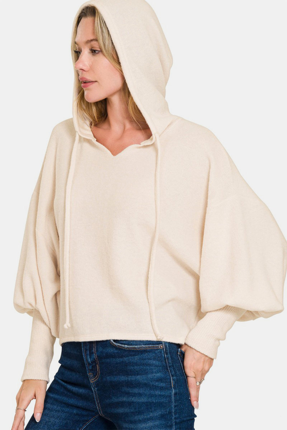 Zenana Brushed Hacci Drop Shoulder Cropped Hoodie in Sand Beige Southern Soul Collectives