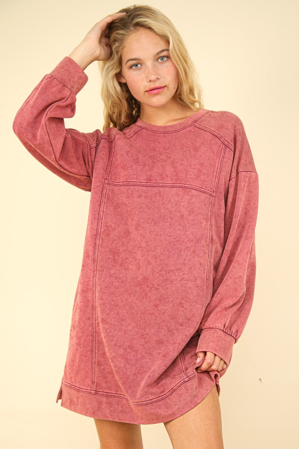 Mineral Washed Oversized Sweatshirt Mini Dress in Magenta Southern Soul Collectives