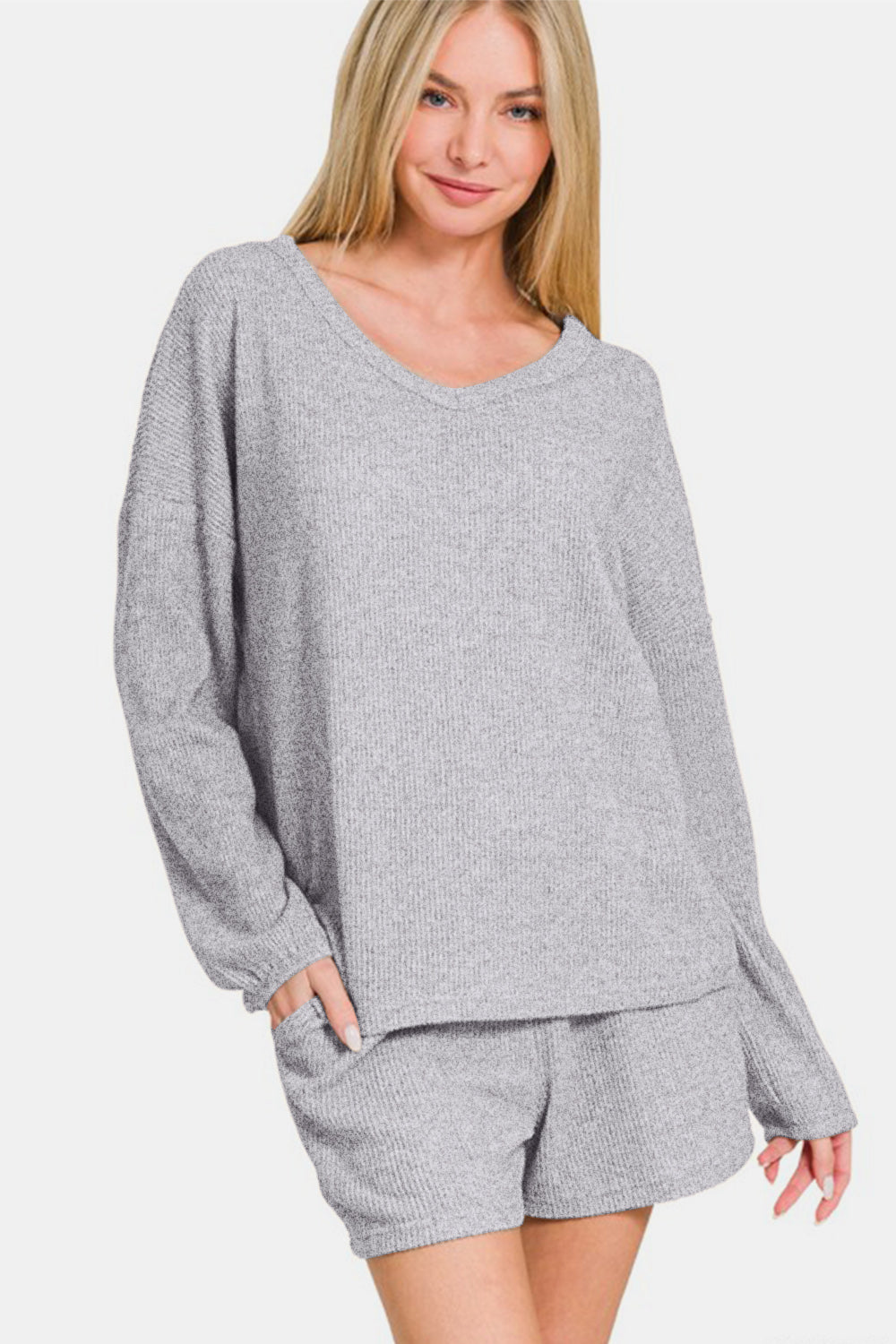 Zenana V-Neck Long Sleeve Ribbed Top and Shorts Set in Grey Southern Soul Collectives