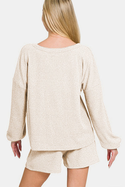 Zenana V-Neck Long Sleeve Ribbed Top and Shorts Set in Beige Cream Southern Soul Collectives