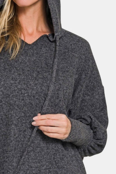 Zenana Brushed Hacci Drop Shoulder Cropped Hoodie in Black Gray Southern Soul Collectives