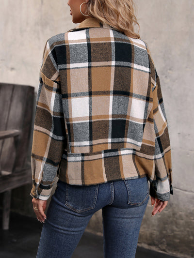 Perfee Plaid Collared Neck Long Sleeve Jacket Southern Soul Collectives