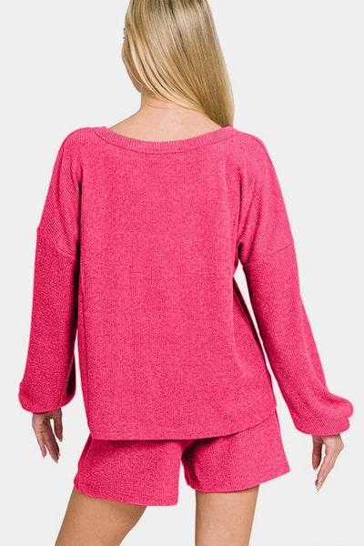 Zenana V-Neck Long Sleeve Ribbed Top and Shorts Set in Strawberry Pink Southern Soul Collectives