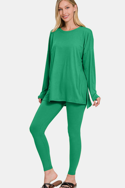 Zenana Brushed Microfiber Long Sleeve Top and Leggings Lounge Set Kelly Green Southern Soul Collectives