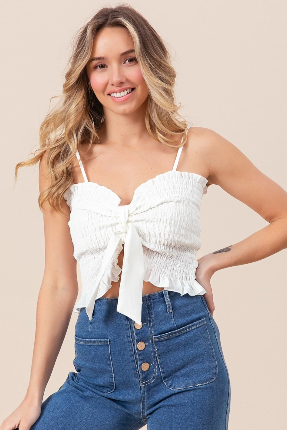 Ruffled Smocked Ribbon Detail Cami in Off White Southern Soul Collectives