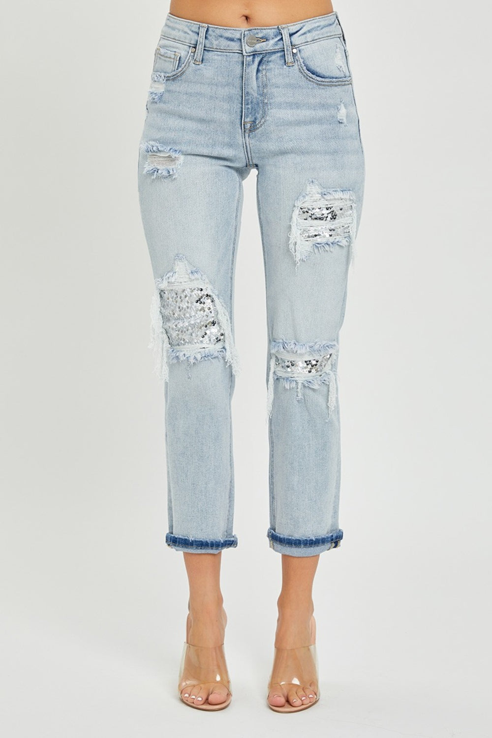 RISEN Mid-Rise Sequin Patched Jeans Southern Soul Collectives