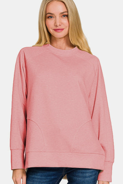 Zenana Scuba Round Neck Side Slit Sweatshirt in Light Rose Southern Soul Collectives