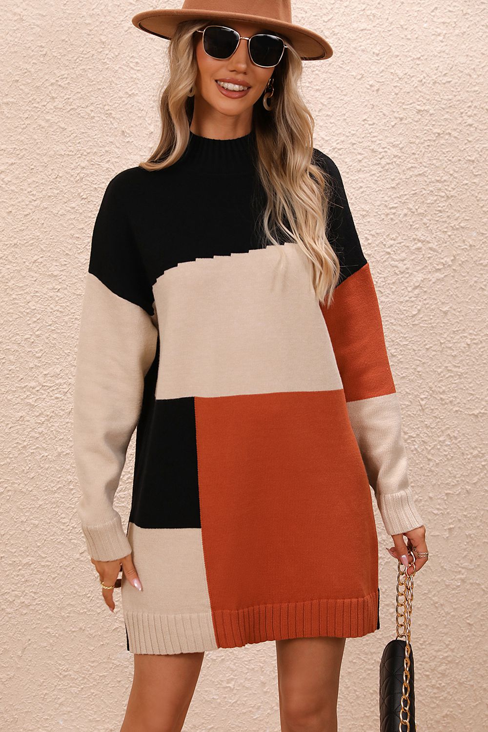 Color Block Mock Neck Dropped Shoulder Sweater Dress Southern Soul Collectives