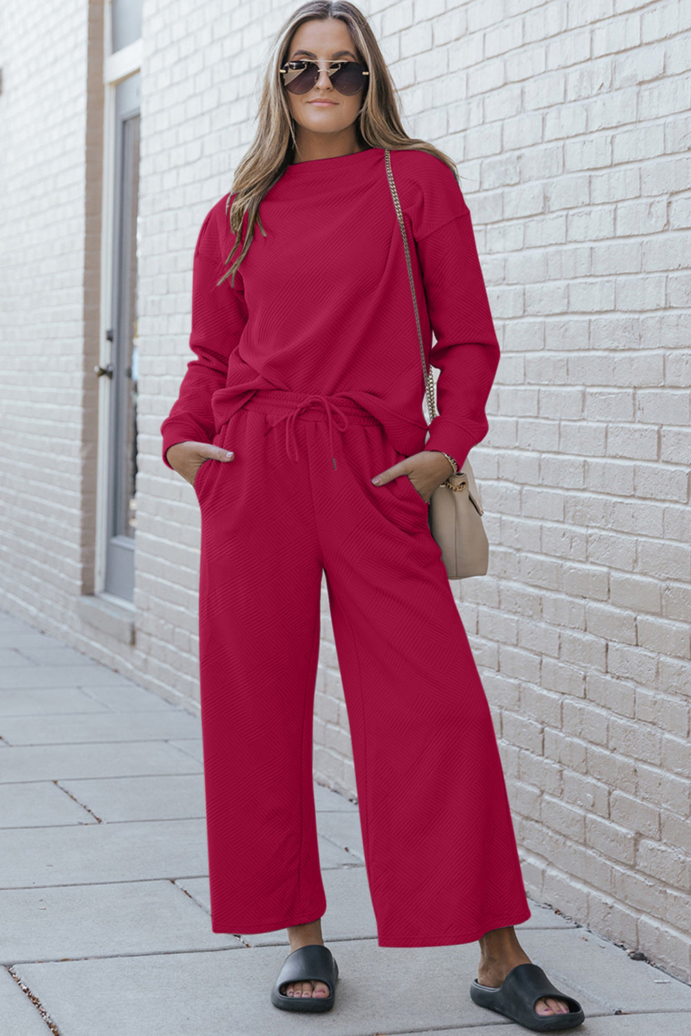 Boujee Girl Textured Long Sleeve Top and Drawstring Wide Leg Pants Set in Multiple Colors  Southern Soul Collectives
