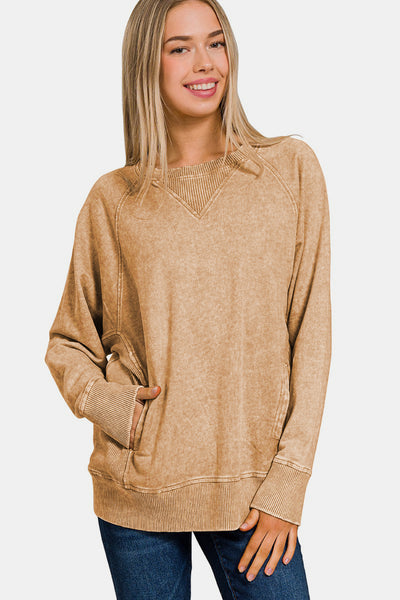 Zenana Pocketed Round Neck Sweatshirt in Camel Southern Soul Collectives