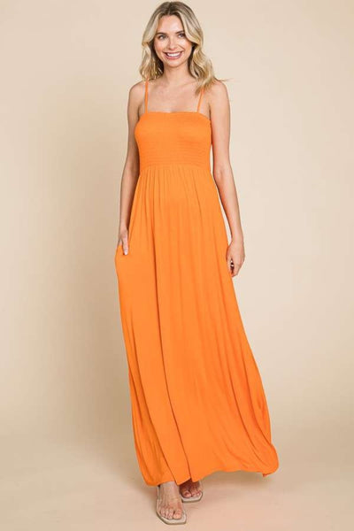 Smocked Bodice Cami Maxi Dress with Pockets in Sunkist Orange Southern Soul Collectives