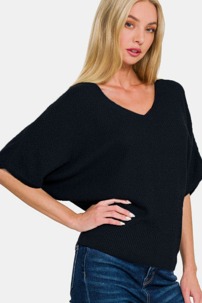 Zenana V-Neck Short Sleeve Dolman Sweater in Black Southern Soul Collectives