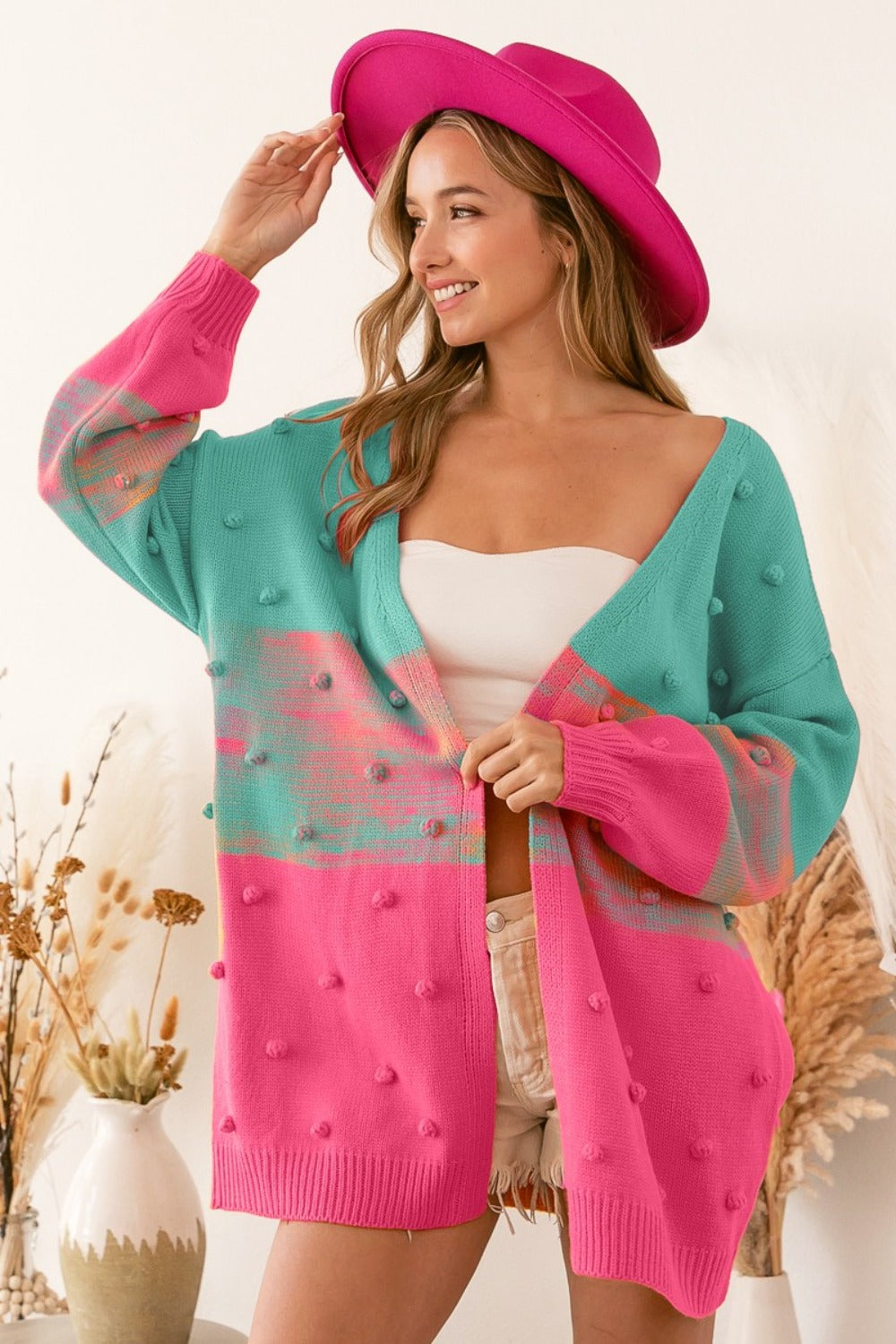 Color Block Ponpon Sweater Cardigan in Turquoise Pink Southern Soul Collectives