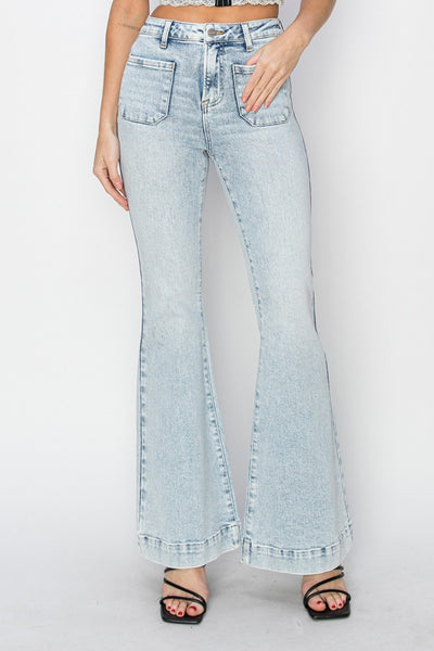 Risen High Rise Front Patch Pocket Flare Jeans Southern Soul Collectives