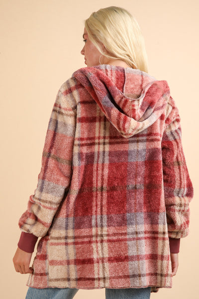 VERY J Fuzzy Plaid Long Sleeve Hooded Jacket Southern Soul Collectives