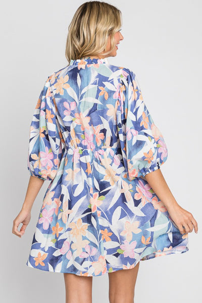 Floral Print Balloon Sleeves Mini Dress in Blue Southern Soul Collectives