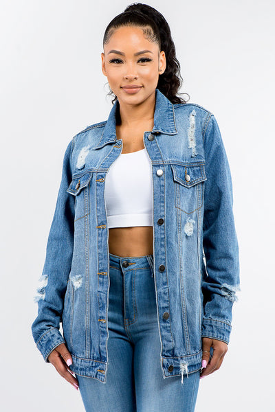 American Bazi Full Size Button Up Distressed Denim Jacket Southern Soul Collectives