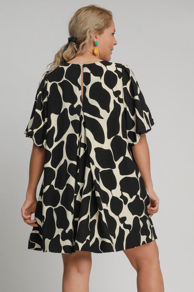 Two Tone Abstract Print Puff Sleeve Dress in Black Southern Soul Collectives