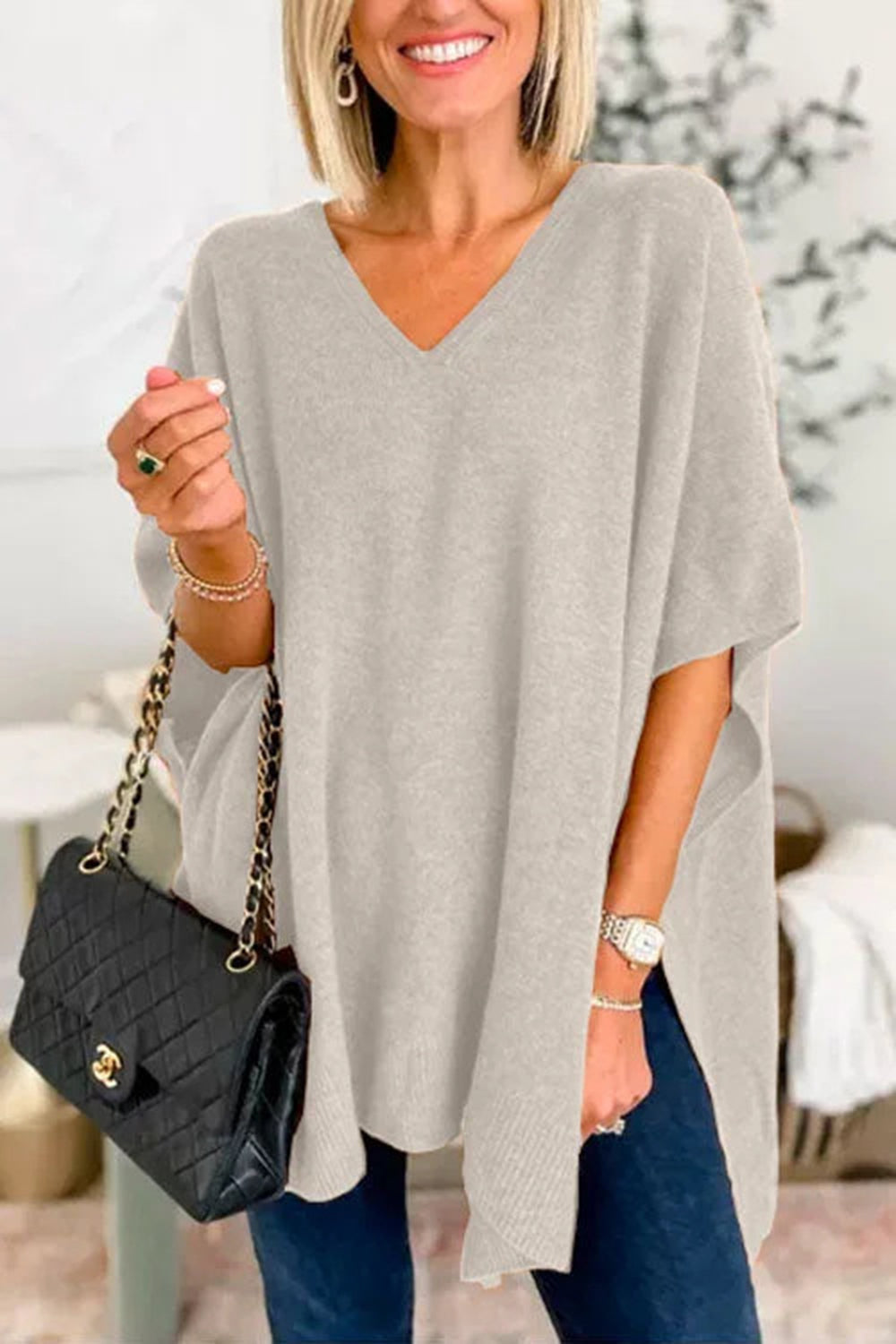 Slit V-Neck Half Sleeve Knit Top Southern Soul Collectives