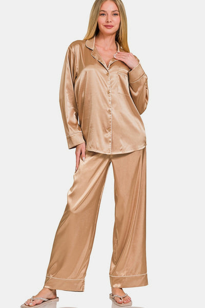 Zenana Satin Long Sleeve Shirt and Pants Pajama Set Southern Soul Collectives