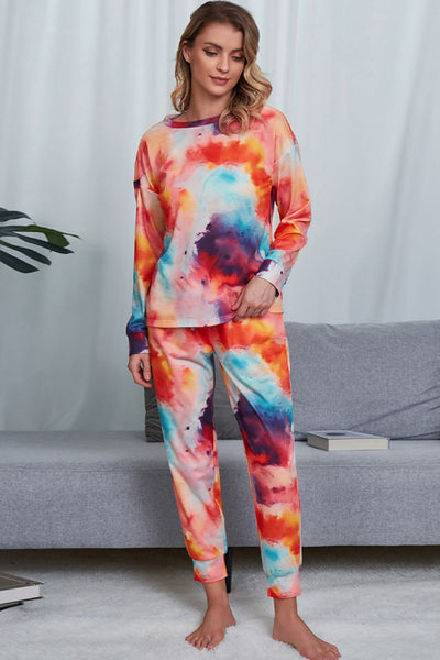 Tie-Dye Crewneck Long Sleeve Top and Drawstring Waist Joggers Lounge Set in Multiple Colors Southern Soul Collectives