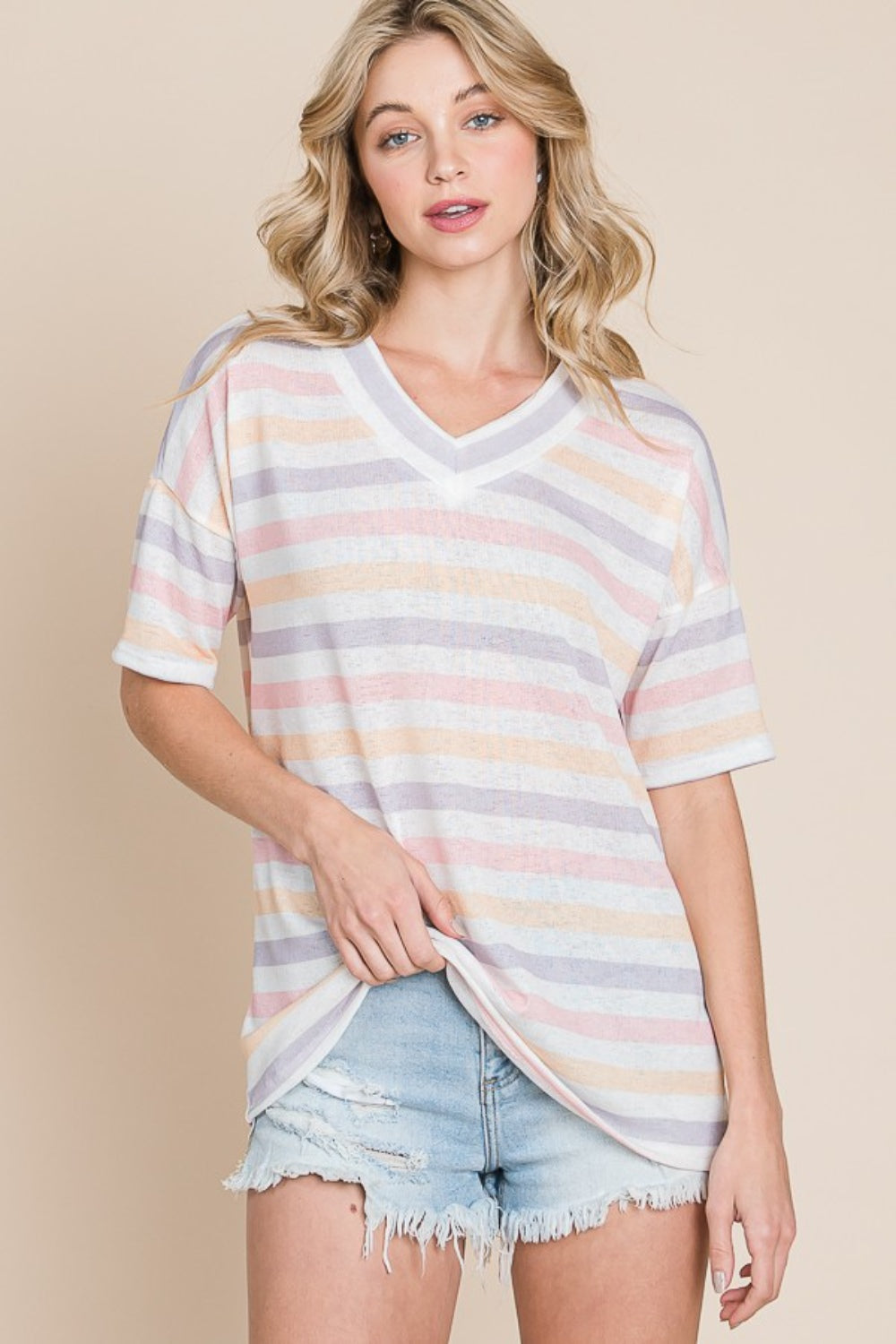 BOMBOM Striped V-Neck Short Sleeve T-Shirt Southern Soul Collectives