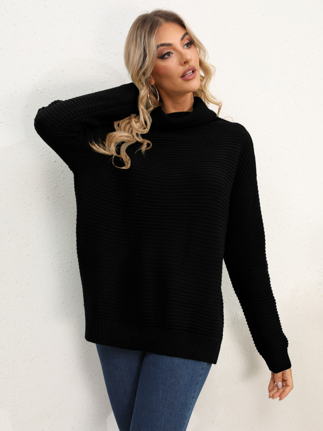 Slit Turtleneck Dropped Shoulder Sweater Southern Soul Collectives