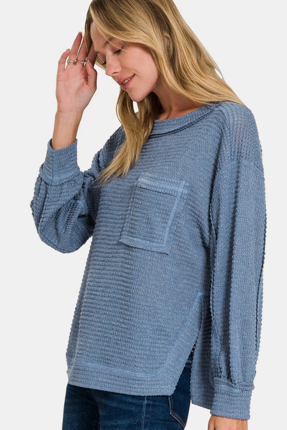 Zenana Exposed Seam Side Slit Long Sleeve Top in Dusty Blue Southern Soul Collectives