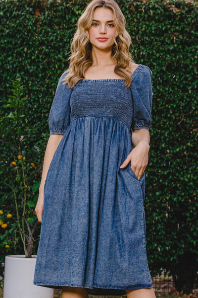 Baby Blues Denim Washed Smocked Puff Sleeve Dress with Pockets Southern Soul Collectives