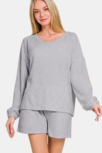 Zenana V-Neck Long Sleeve Ribbed Top and Shorts Set in Grey Southern Soul Collectives