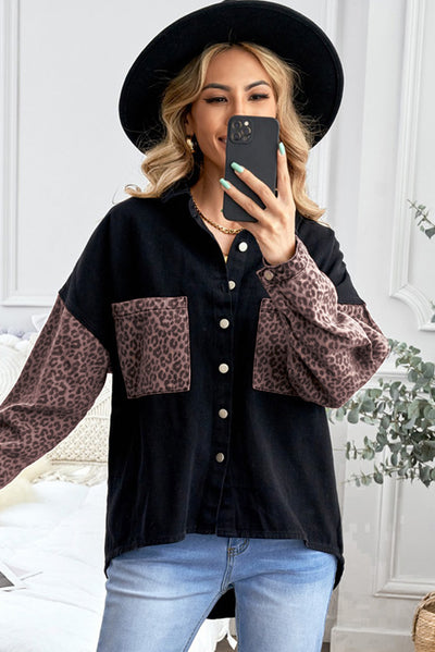 Double Take Leopard Contrast Denim Top Southern Soul Collectives