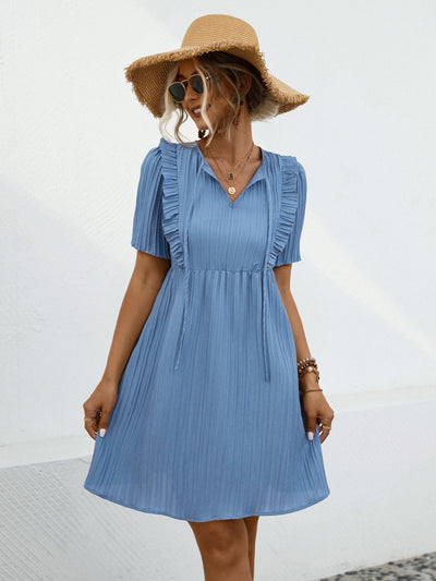 Tie Neck Ruffle Front Short Sleeve Mini Dress in Two Colors Southern Soul Collectives
