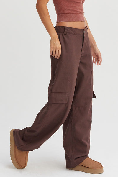 Elastic Waist Wide-Leg Cargo Pants in Brown Southern Soul Collectives