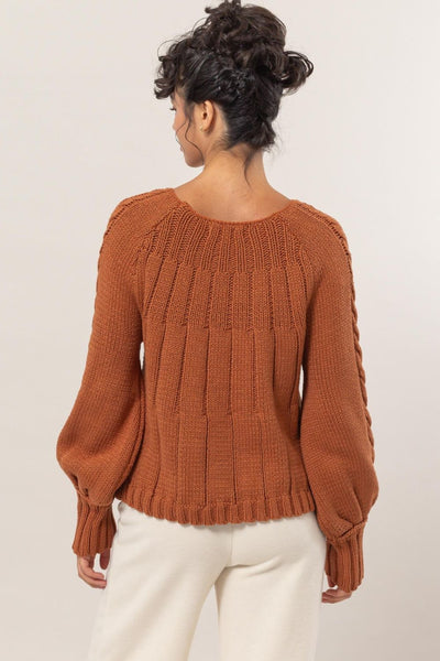 Cable-Knit Round Neck Raglan Sleeve Sweater in Rust Southern Soul Collectives