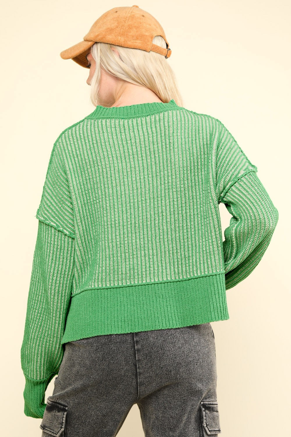 Exposed Seam Cropped Striped Slit Sweater in Green Southern Soul Collectives