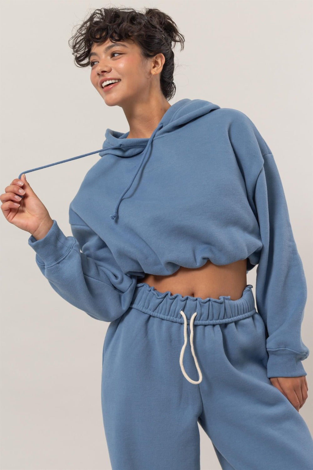 Bubble Hem Cropped Hoodie in Gray Blue Southern Soul Collectives