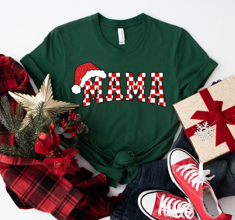 Mama Checkered w/ Santa Hat Graphic T-shirt