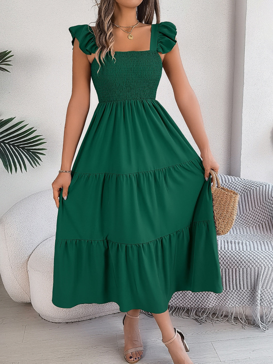 Smocked Square Neck Cap Sleeve Midi Dress Southern Soul Collectives