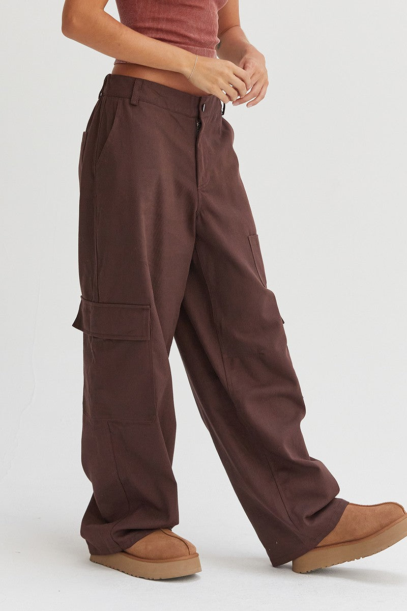 Elastic Waist Wide-Leg Cargo Pants in Brown Southern Soul Collectives