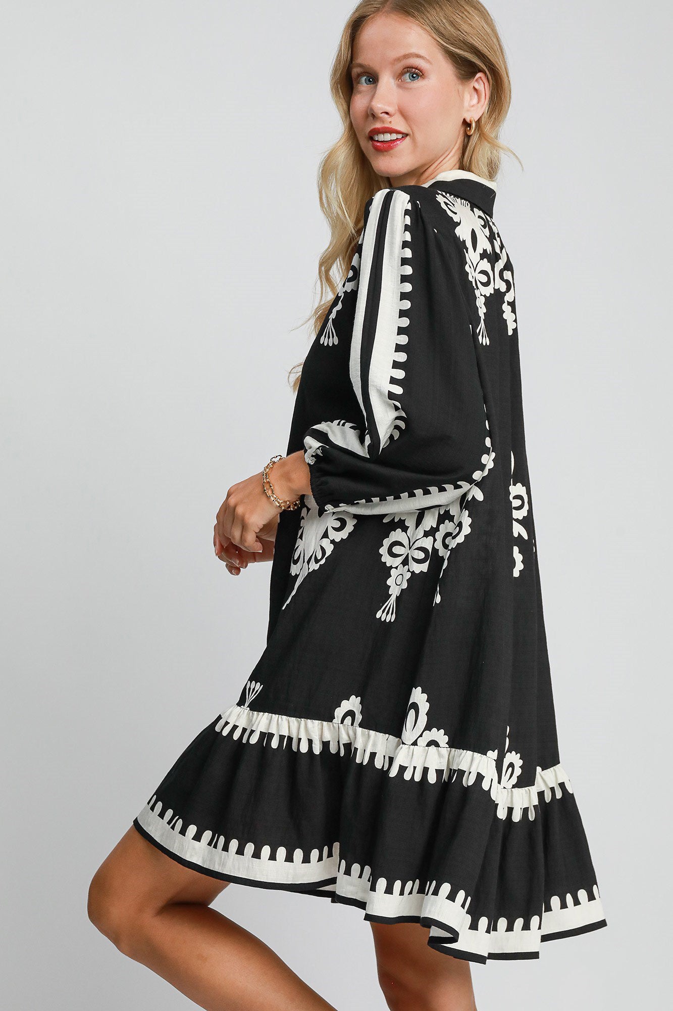 BOHO Border Print Button Down Ruffled Hem Dress in Black Southern Soul Collectives