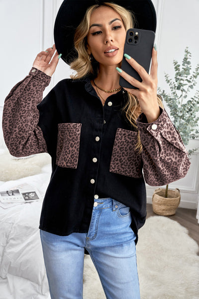 Double Take Leopard Contrast Denim Top Southern Soul Collectives