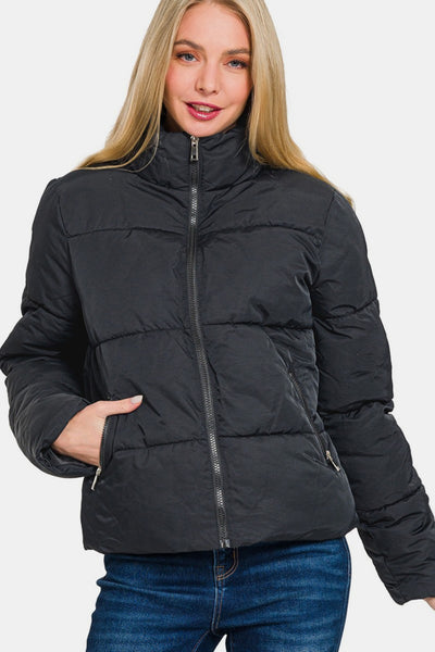 Zenana Zip Up Turtleneck Puffer Jacket with Pockets in Black Southern Soul Collectives