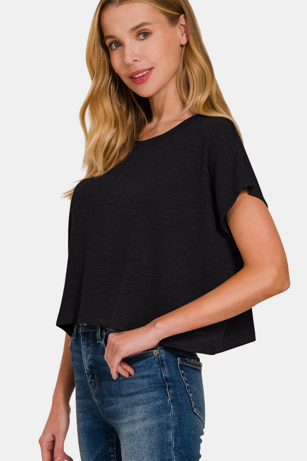 Zenana Round Neck Short Sleeve Crop T-Shirt in Black Southern Soul Collectives