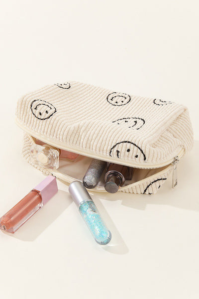 Zenana Smiley Face Corduroy Cosmetic Pouch Makeup Bag in Multiple Colors Southern Soul Collectives