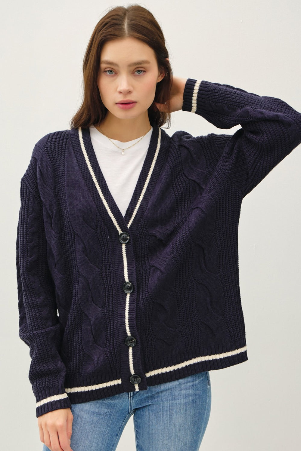 Be Cool Contrast Trim Cable-Knit V-Neck Cardigan Southern Soul Collectives