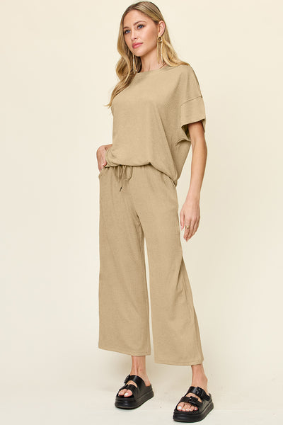 Double Take Full Size Texture Round Neck Short Sleeve T-Shirt and Wide Leg Pants Southern Soul Collectives