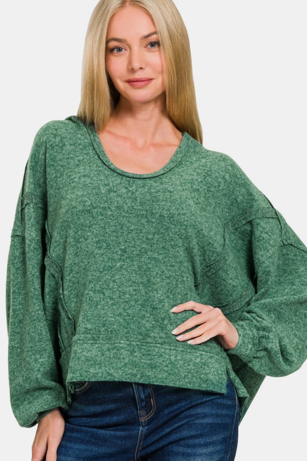 Zenana Brushed Hacci Exposed Seam Hoodie in Green Southern Soul Collectives